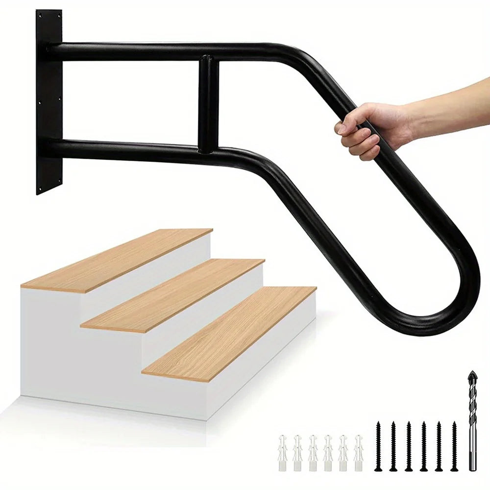 1pc Matte Black U-shaped Metal Handrail For Outdoor Steps, Wall-Mounted Safety Staircase Grab Rail, Modern Entryway Railing, Pla