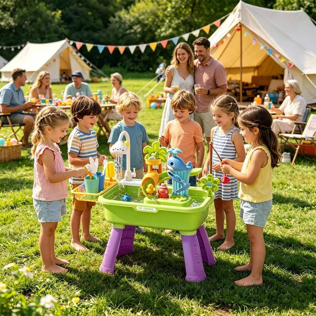 Kitchen Water table Sets with Pump,Tableware & Fishing Game for Kids,Children's Play Sink with Running Water & Electric Faucet