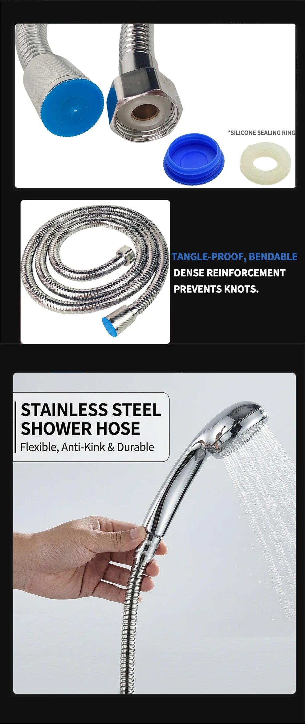 Stainless Steel Shower Hose 1.5M/2M Flexible Chrome Matte Black Universal G1/2 Connector Explosion-proof Bathroom Water Pipe