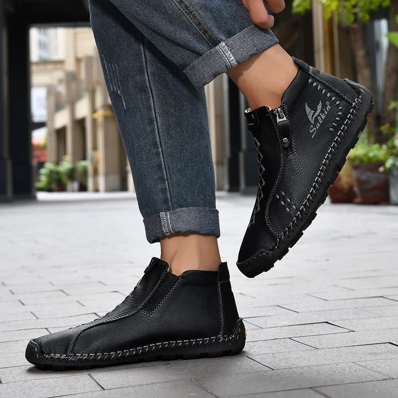 Handmade Leather Casual Shoes For Men Sneakers Men Flat Footwear Zipper Leather Boots Men Ankle Plus Size 39-48