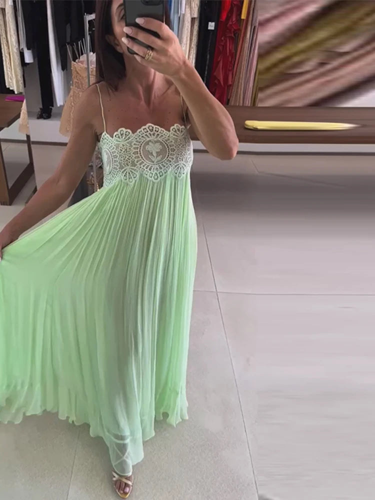 Lace Patchwork Pleated Slip Long Dress Women Sexy Spaghetti Strap Sleeveless Backless Loose Evening Dresses Chic Ladies Vestidos