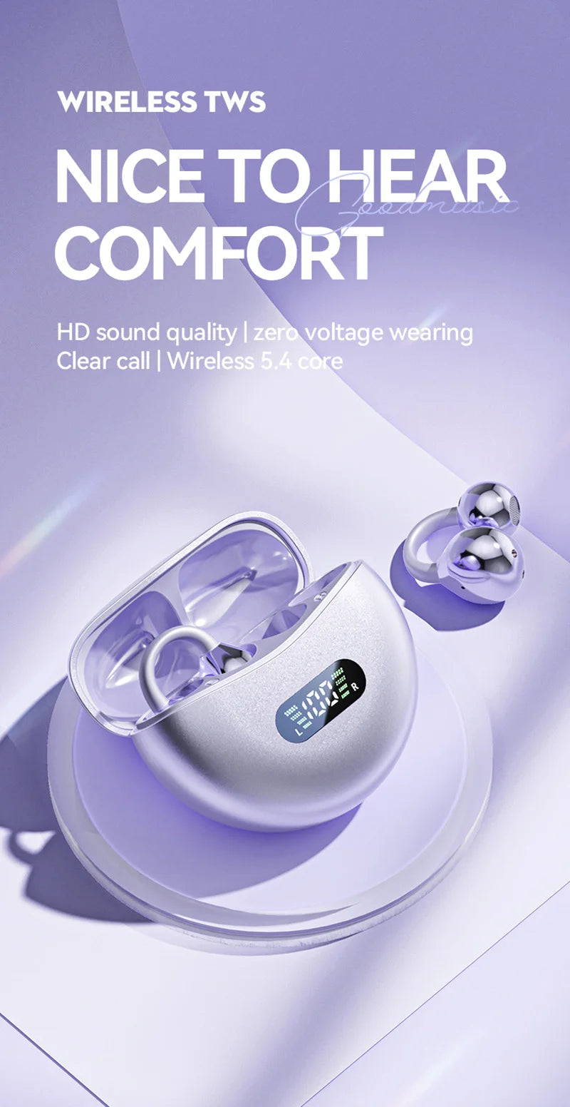 Lenovo Open Ear Clip On Headphones Wireless TWS Earbuds Noise Reduction Low Latency LED Display for Sports Running Gaming