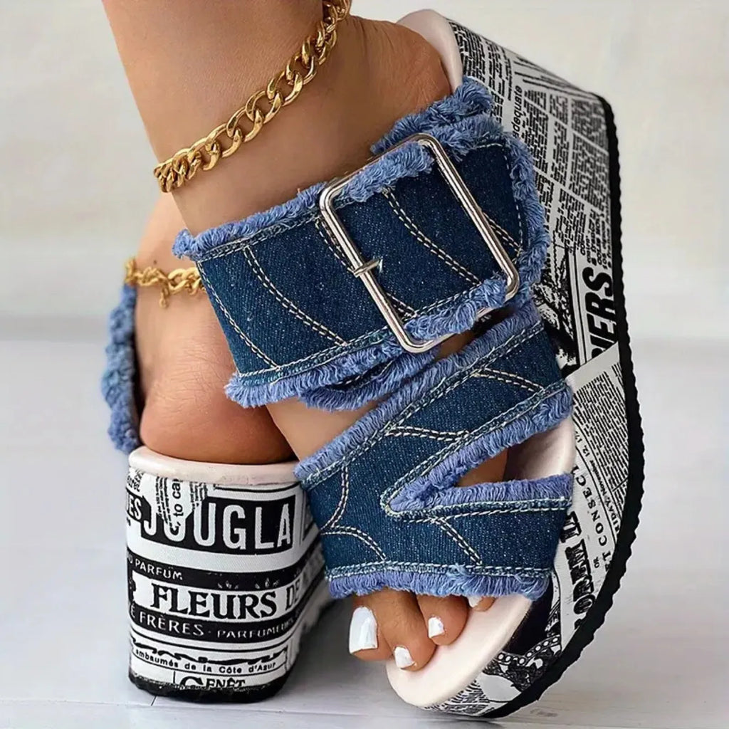 Women Sandals Casual Fashion Vacation Daily Shoes Women Summer New Buckled Denim Platform Wedge Sandals Women Zapatos De Mujer