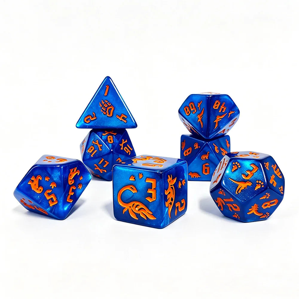 7Pcs Jurassic Ocean Blue Dinosaur Engraved Dice Set, Polyhedral Acrylic DND Dice for TTRPG RPG Board Games & Role Playing