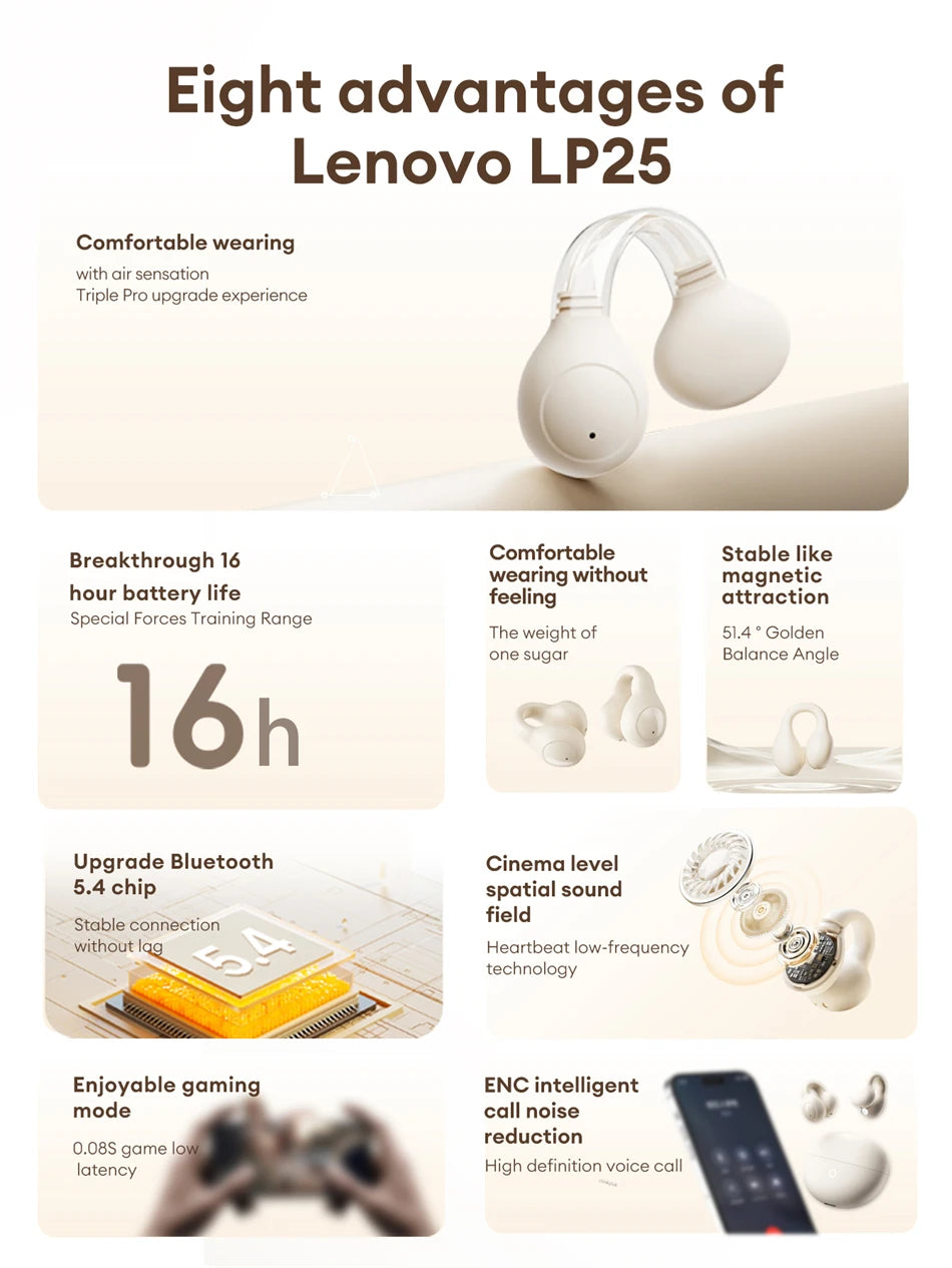 Lenovo LP25 PRO Bluetooth 5.4 Headphones Ear Clip Sport Wireless Headset Long Battery Life Noise Reduction Earphones HD Mic Call