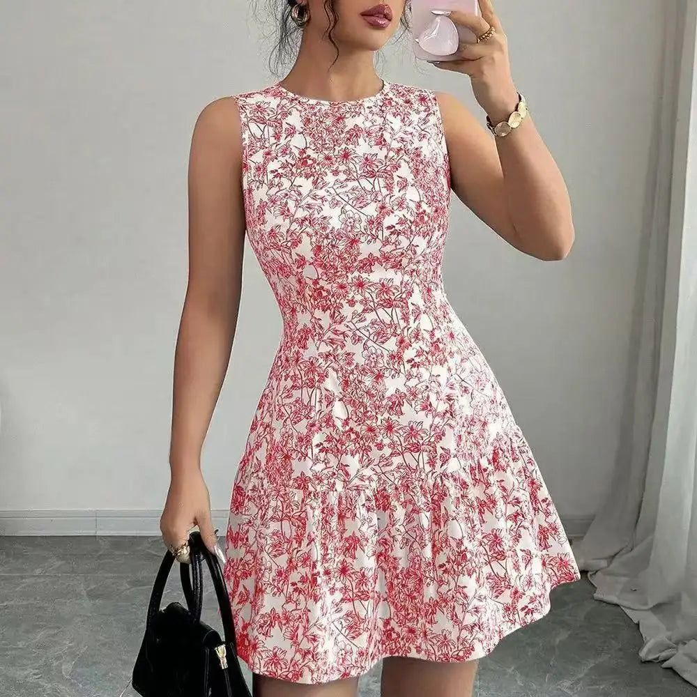 Spring/Summer Boho And French-Style Blue And White Floral Dress, Sleeveless With A Round Neckline