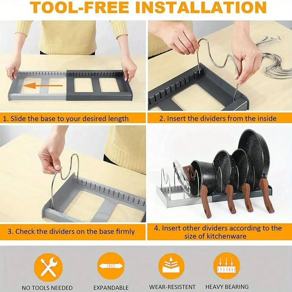 Expandable Pans Organizer Rack Kitchen Cabinet Pan Rack Drawer Expanding Cookware Space Saving Kitchen Cabinet Organizer Holde