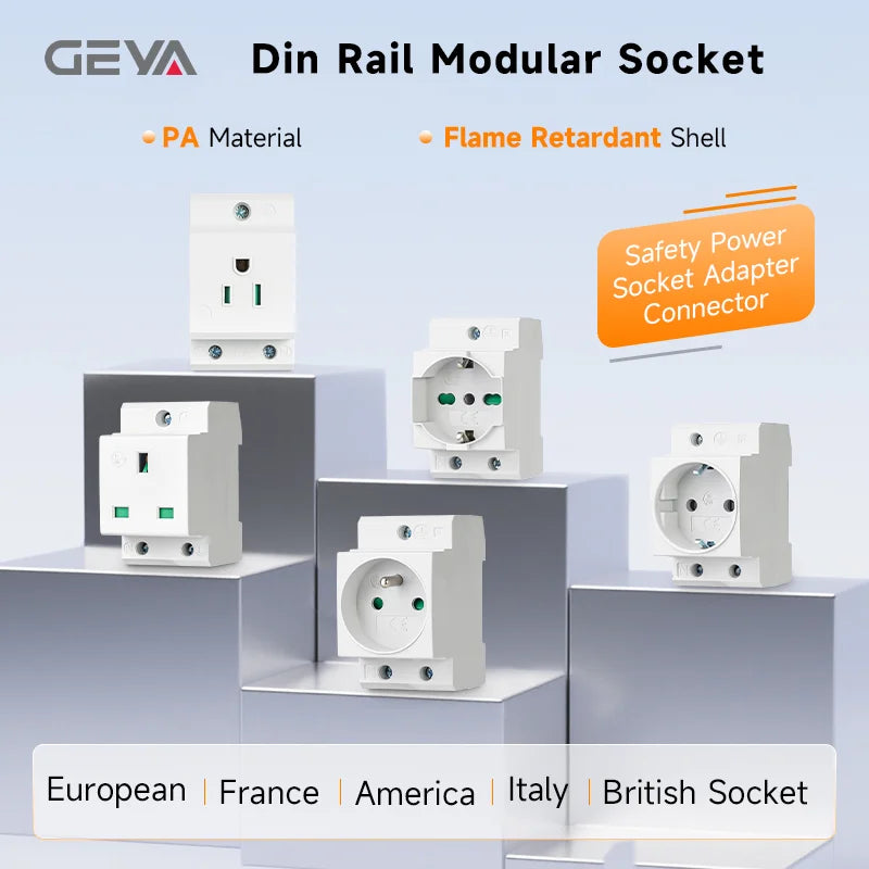 GEYA Din Rail Socket Modular Type AC Power Socket Plug EU/FR/US/UK/IT Standard 16A 220V AC Connector Grey AC30 Adapter Connector