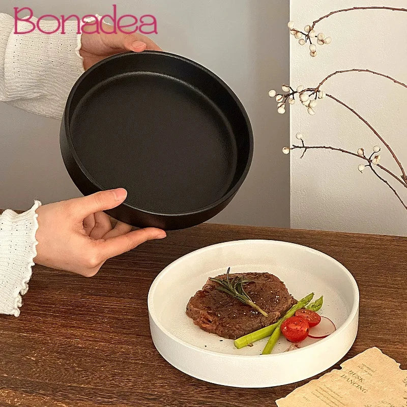 Black White Matte Ceramic Deep Plate Soup Bowl Plates Salad Plate Vintage Round Fruit Plates Western Steak Main Course Plate