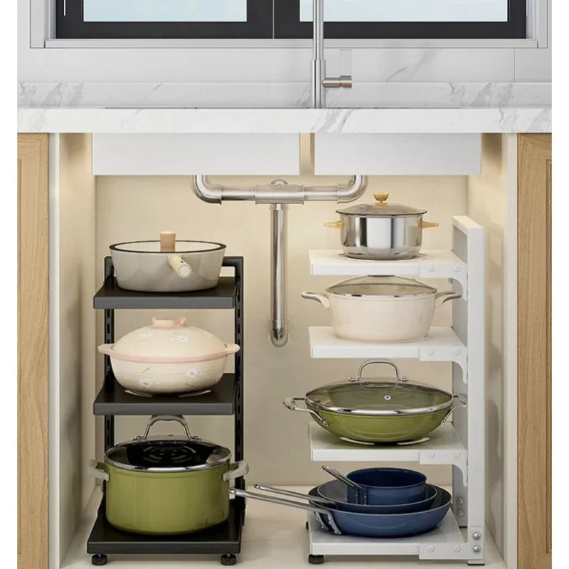 Kitchen Storage Rack Adjustable Plates and Pots Carbon Steel Storage Rack Free Layered Snap-on Floor Pot Rack Kitchen Storage