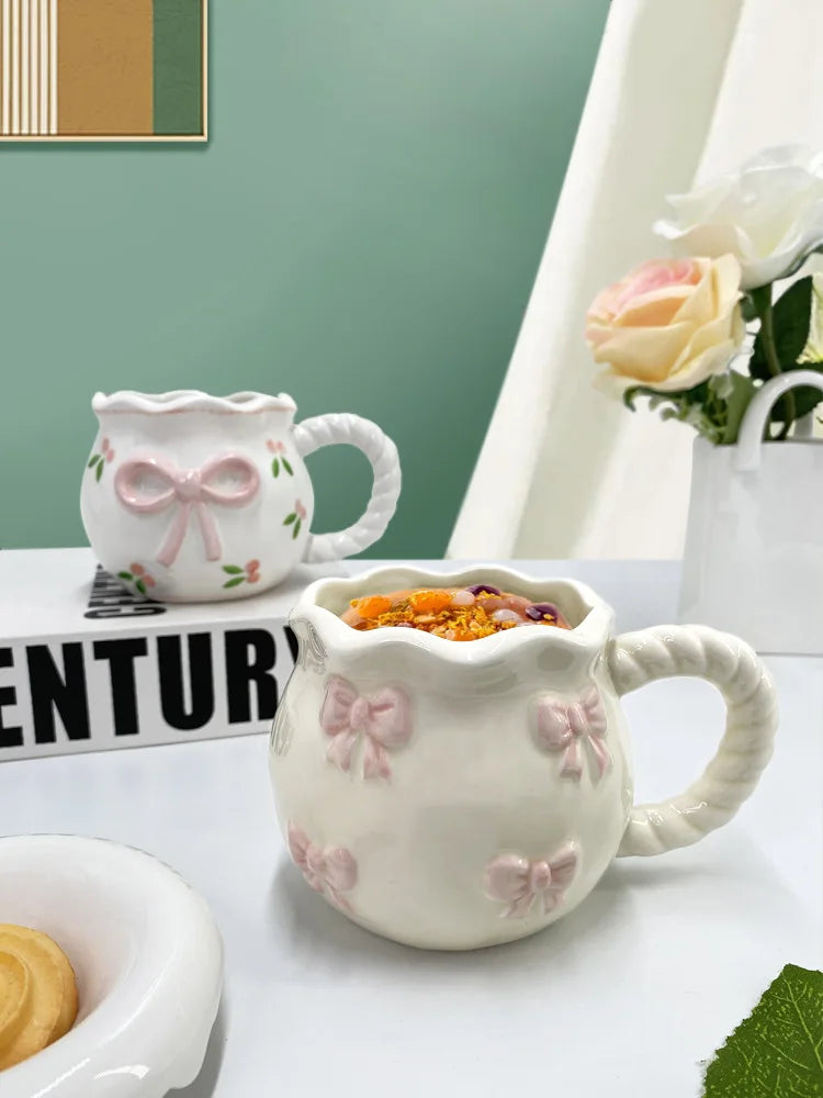 Bow Ceramic Coffee Cup Cute Handmade Ins Style Mug Drinking Water Afternoon Tea Gift Decoration Summer Dopamine Girlfriend Gift