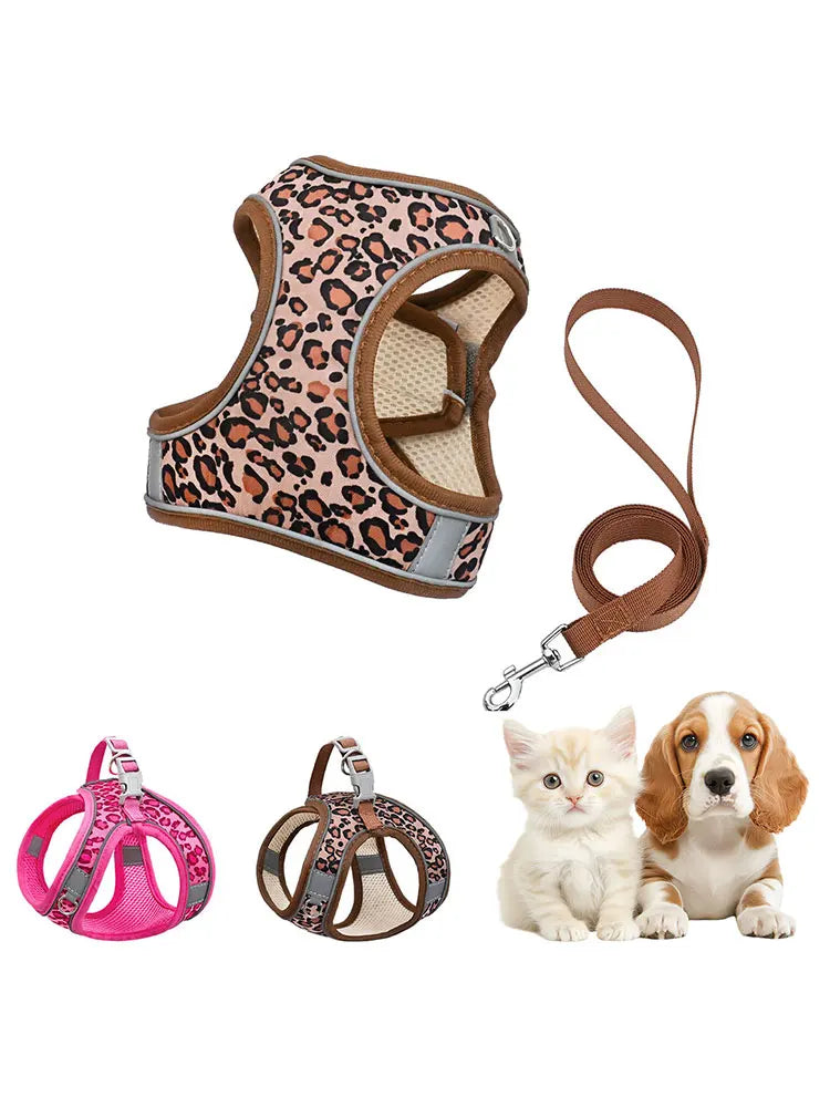 DH009-Adjustable Leopard Print Pet Cat & Dog Harness, Vest Harness Breathable Skin-Friendly Mesh, 1.5-Meter Leash, Lightweight