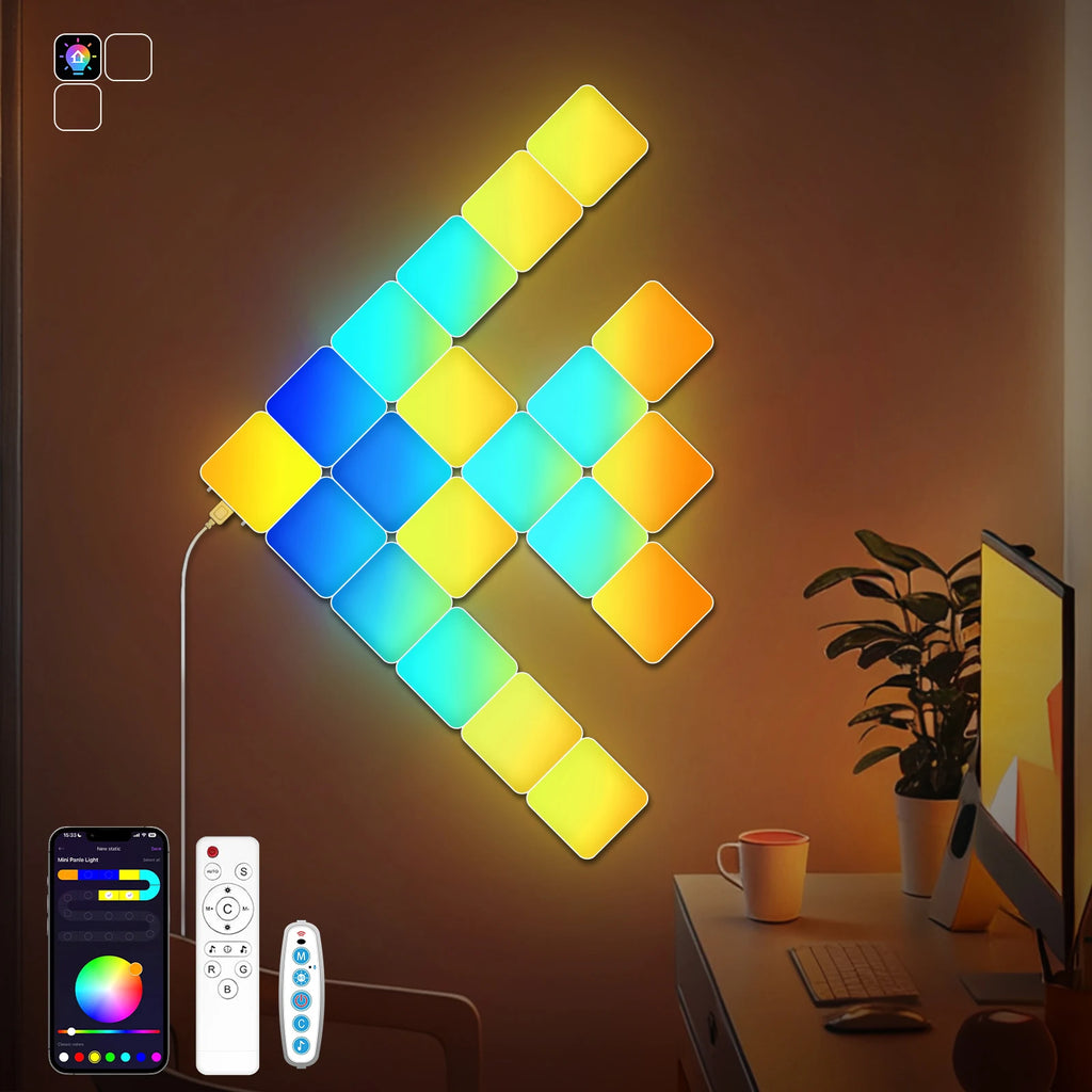 Smart Grid LED Wall Light Kit - RGB Color Changing with App & Music Control, DIY Creative Backlit Panels for Gaming Room & Bedro