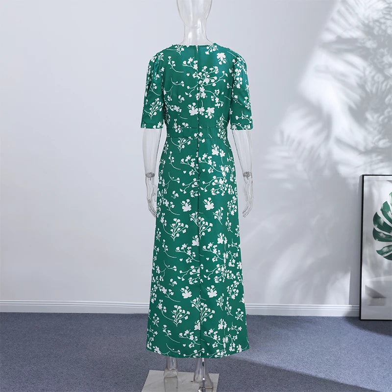 Slim Printed Waist-cinching Fishtail Dress 2026 Summer New Ladies Sexy V-neck Short Sleeve Split Long Robes Women's Party Gowns