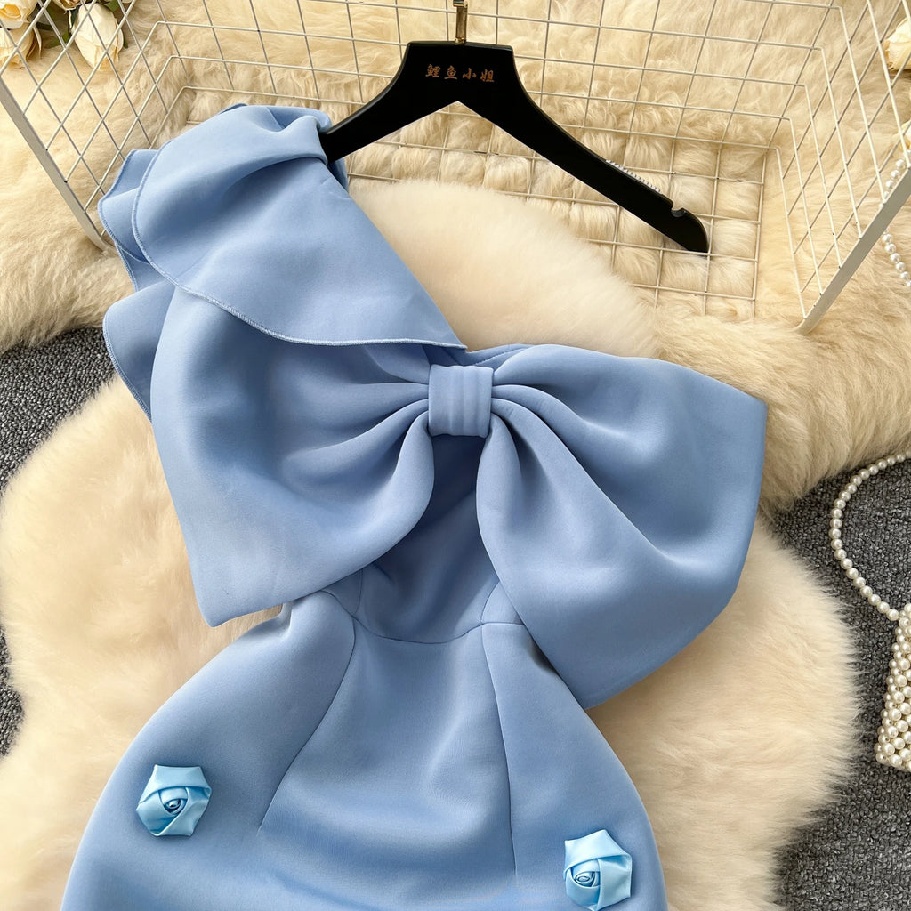 Women Diagonal Collar Vintage Ruffle Sleeve Elegant Butterfly Three-dimensional Floral Slim Dresses Evening High Street Clothing