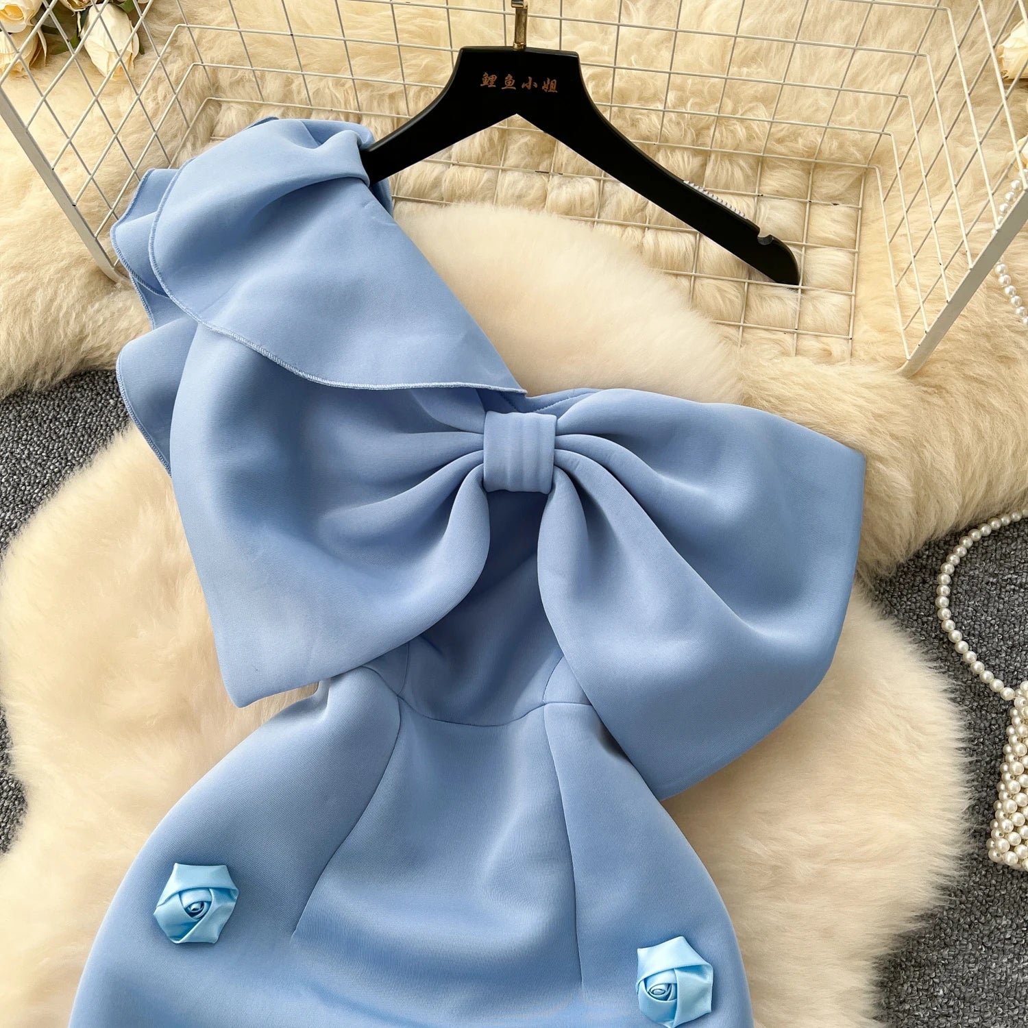 Women Diagonal Collar Vintage Ruffle Sleeve Elegant Butterfly Three-dimensional Floral Slim Dresses Evening High Street Clothing