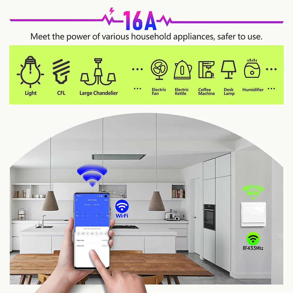 TUYA wifi RF433 Self Powered Wireless Switch Without Battery Remote Control waterproof home Wall panel Light Switch AC110V 220V