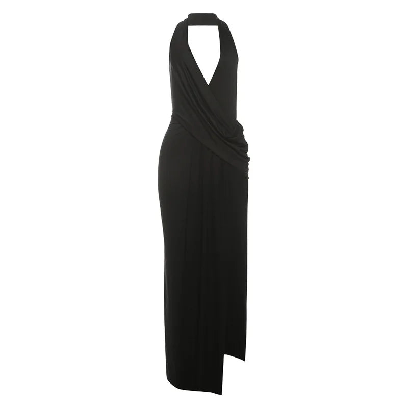 Women Solid Elegant Sexy Halter Backless Maxi Evening Party Dress Draped Deep V Neck Sleeveless High Split Long Robe Clubwear