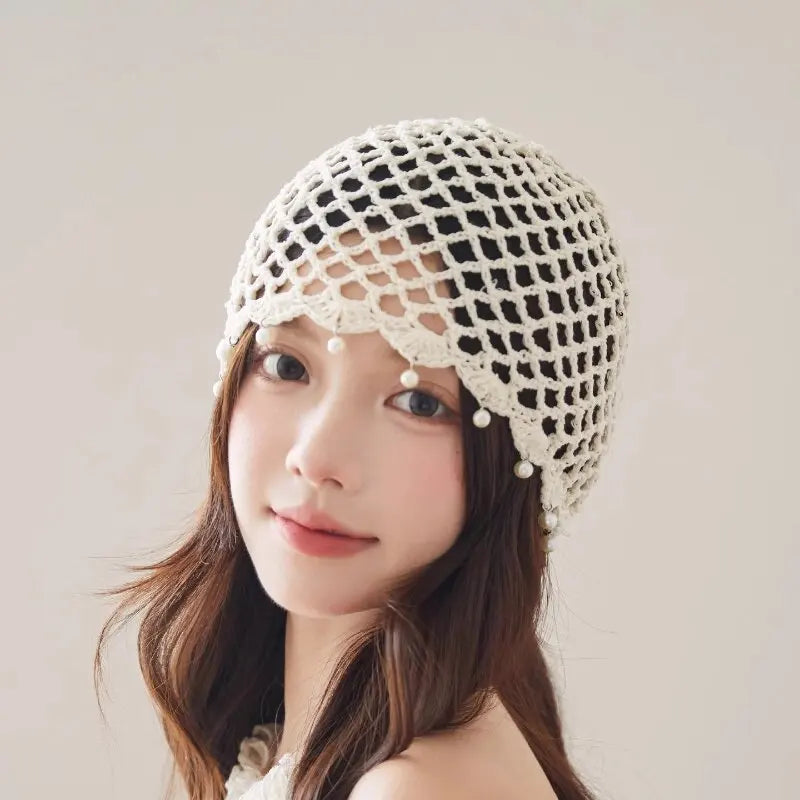 Fashion Hollowed Out Woven Pullover Hats Crochet Breathable Beret Cap Pearl Fringed Retro Beanies Cap for Women Summer Korean
