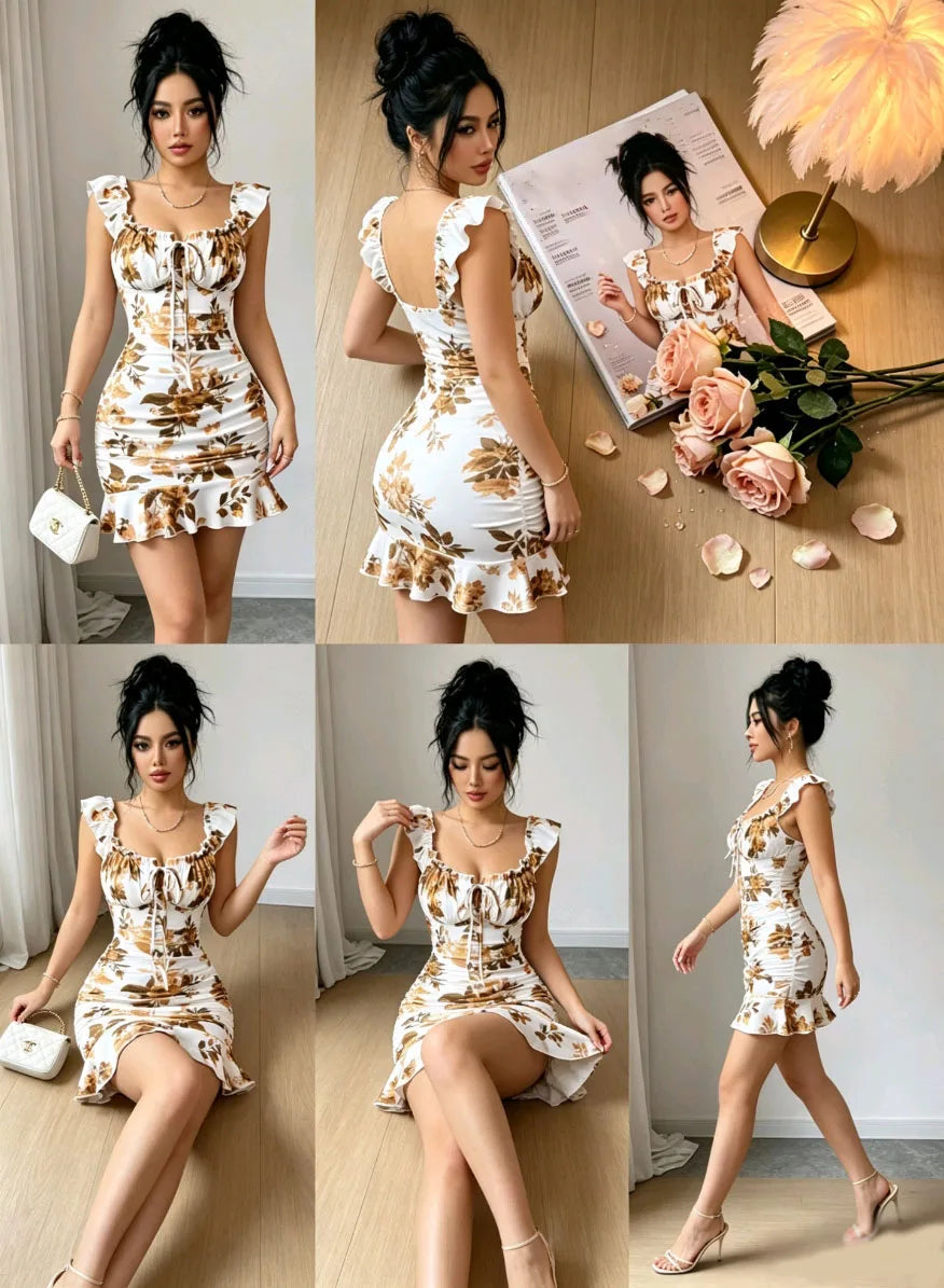 Bohemian Sleeveless Ruched Floral/Plant Print Mini Dress for Women, Multi-Color Ruffle Hem Spaghetti Strap Knit Fabric