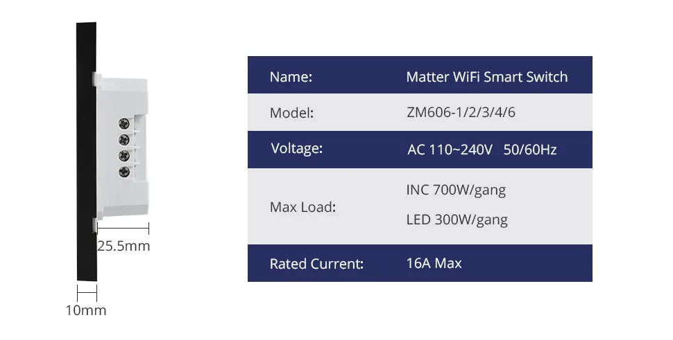 Matter Over WiFi US Smart Wall Light Switch 1 2 3 4 6 Gangs with Black Button Neutral Required Homekit SmartThings App Control