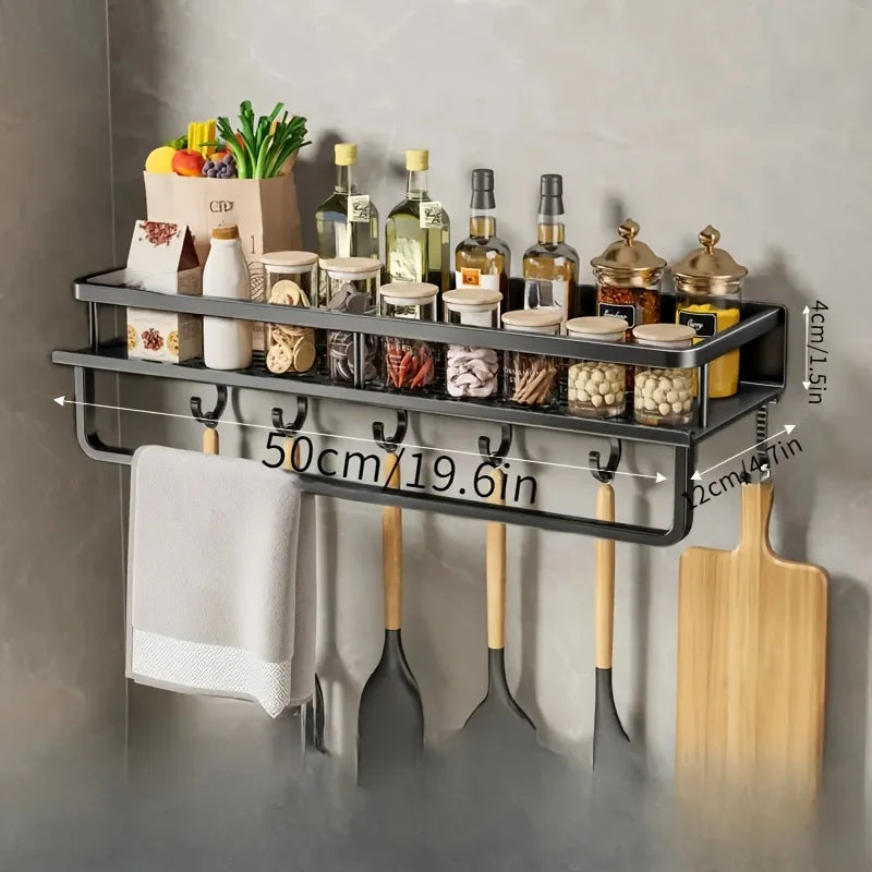 Multifunctional Aluminum Wall-Mounted Shelf Kitchen Spice Storage Rack Kitchen Supplies Storage Hooks Kitchen Accessories