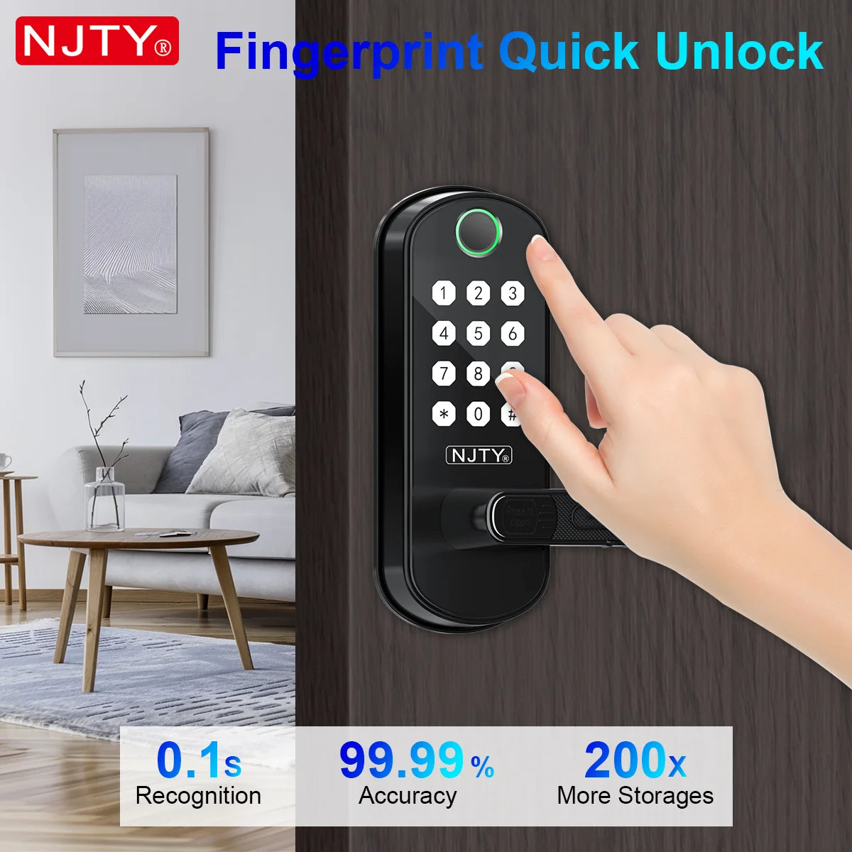 NJTY Fingerprint Door Lock Unlock by Fingerprint/Card/App/Password/NFC/Key Anti-Theft Electronic Door Lock for Bedroom/Outside