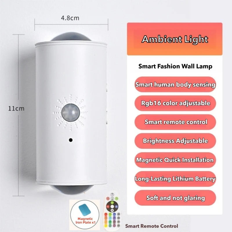 Smart Sensing LED Wall Lamp RGB Ambient Lighting Rechargeable Magnetic Wall Sunset Light Bedroom Corridor Staircase Night Lights