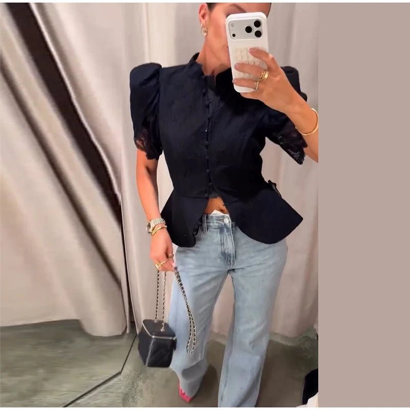 Lace Cutout Peplum Jacket Stand Collar Puff Sleeve Button Front Waist Cinched 2026 Summer Autumn Fashion Women Elegant Top