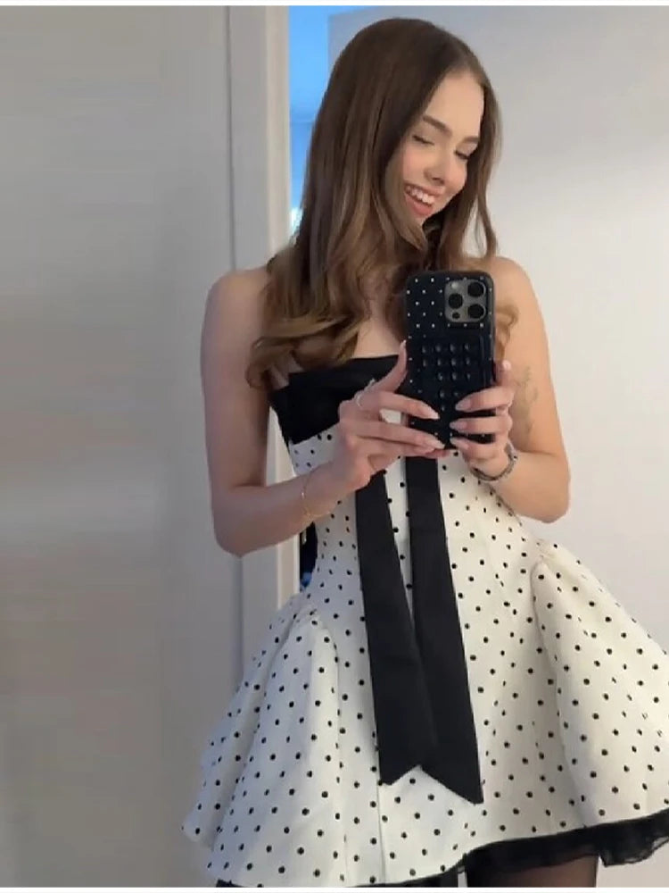 Women's Vintage Polka Dot Strapless Mini Dress Oversized Bow Fit And Flare Lace Hem Skirt 2026 Sweet Cool Party Date Club Outfit