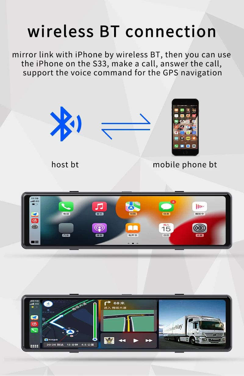 3 Cameras Dash Cam Car Play & Android Auto 2.5k 2560*1440P Rearview Mirror Video Recording WIFI Loop Record Phone APP Car DVR