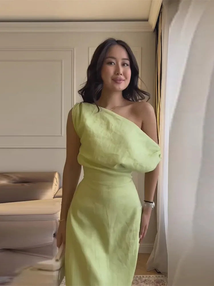 Elegant Off Shoulder Women's Dress Solid Sleeveless Oblique Collar Long Female Dresses 2026 Summer Fashion Lady Comfortable Robe