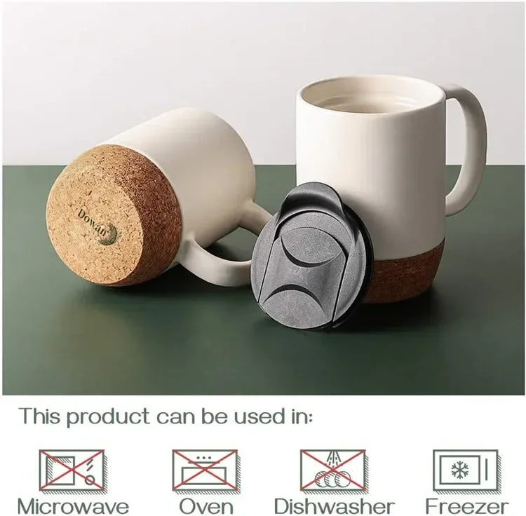 Simplicity Ceramic Cork Bottom Coffee Mug with Lid Splash Proof Heat-resistant Matte Plain White Black Cork Base Bottom Tea Cup