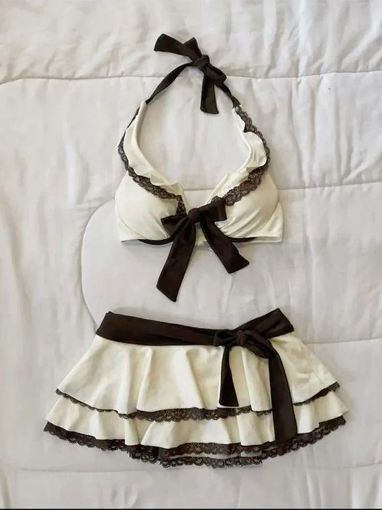 Summer Beige Lace Trim Bow Halter Skirted Bikini Set Beach Pool Vacation Cute Sweet Slim Y2K New Trendy Women's Swimsuit
