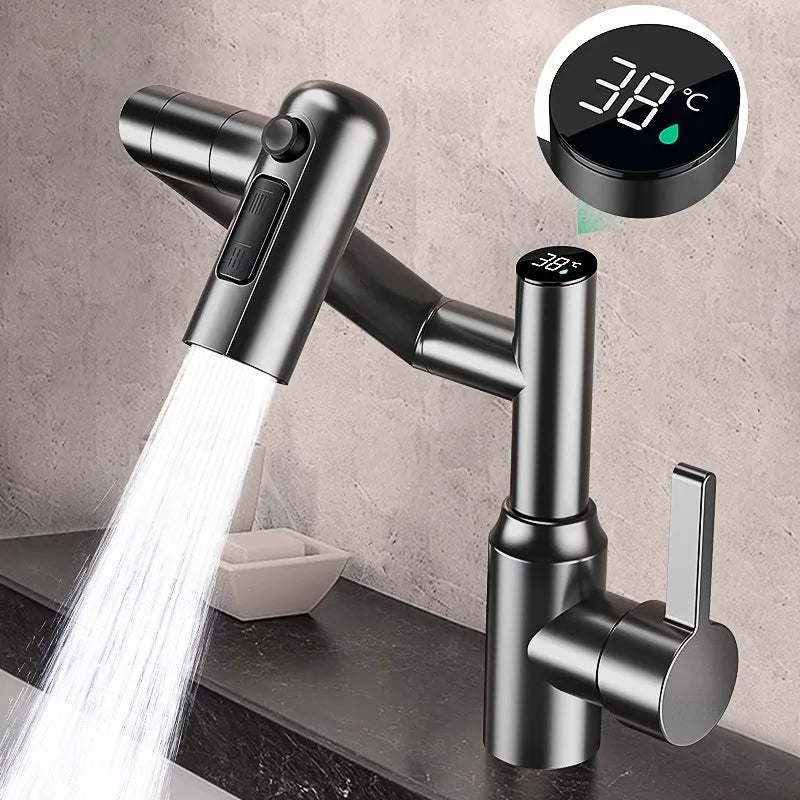 Stainless Steel Faucet Washbasin Bathroom Multi-functional Robotic Arm Universal Rotation for Hot and Cold Water Digital Display
