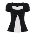 [RUOKE] Casual Y2K Contrast Color Top Women Spring Summer Square Neck Puff Sleeve Bow Slim A-line Babydoll Blouse Sweet Coquette