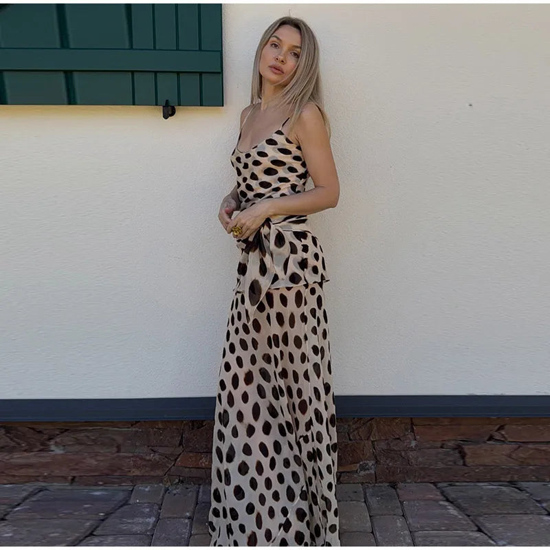 Vintage Print Maxi Dress Square Neck Spaghetti Strap Sleeveless Off Shoulder Detachable Wrap Tie Sash Dresses 2026 Chic Outfits