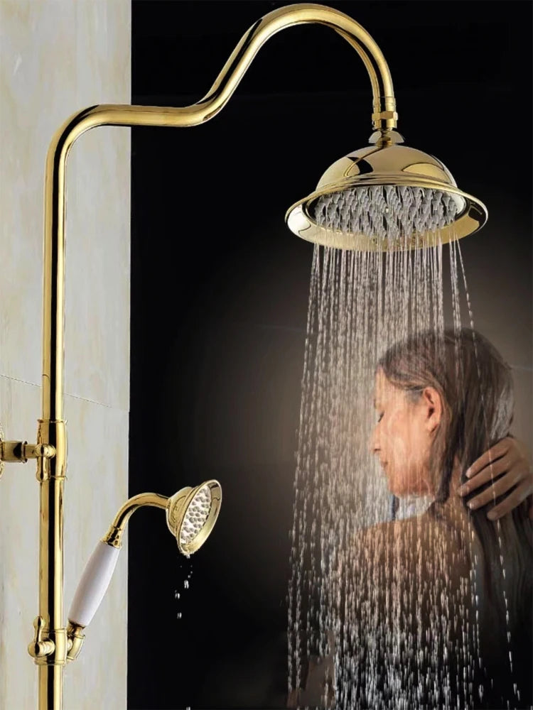 8 Inch Round Ceramic Handle Shower Head Bathroom Solid Brass Copper Rain Shower Head Waterall Hand Shower