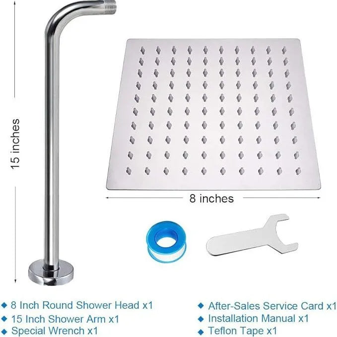 SUS304 Stainless Steel Rainfall Shower Head 15" Extension Arm High Pressure Ultra Thin Square Shower Set Single Chrome Finish
