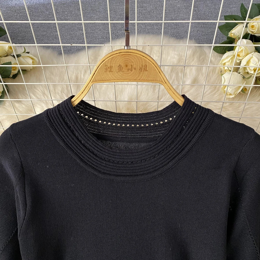 Red Senior Solid Knitting Dress Ladies O-Neck Short Sleeve Hollow Out Design Elastic Knitted Fashion Basic A-Line Dress