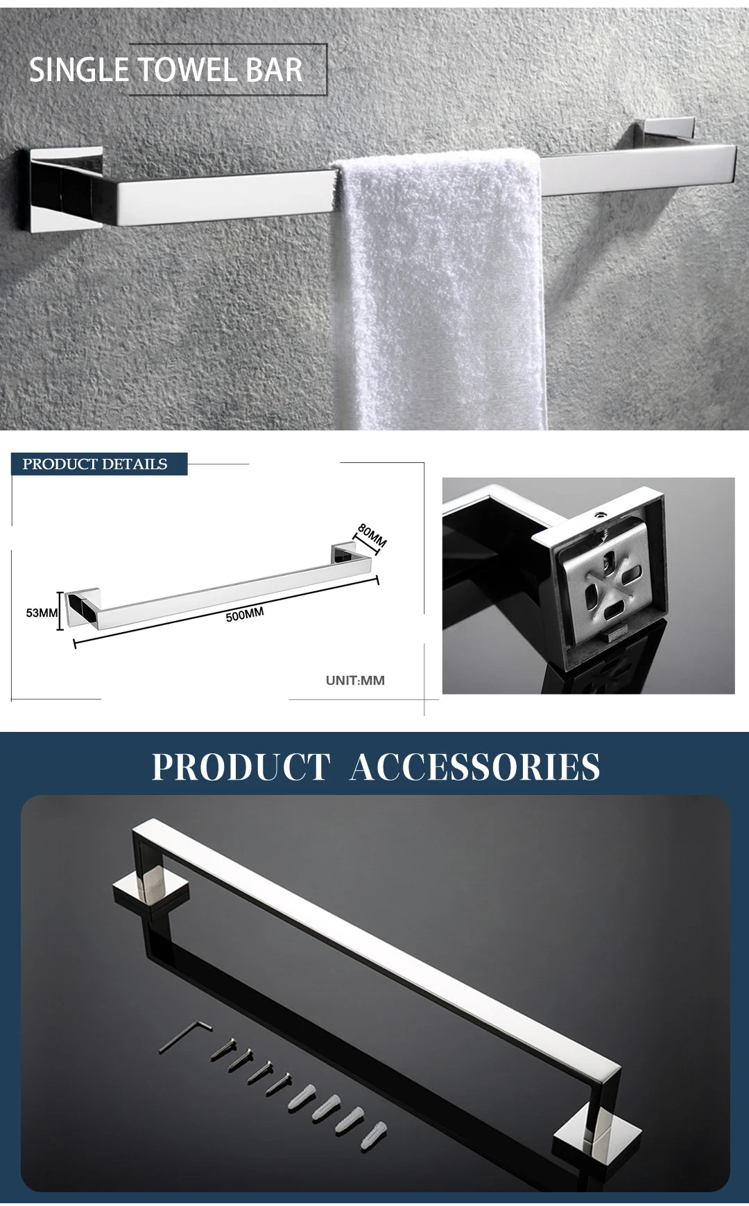 Stainless Steel Chrome Bathroom Hardware Set Square Towel Rack Towel Rack Tissue Holder Robe Hook Bathroom Rack Accessories
