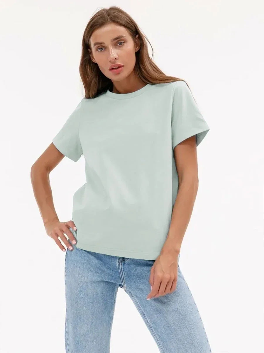 Wolfeel Summer 100% Cotton Women's T-shirt Bottoming Basic Fashionable Solid Lady Short Sleeve Loose Tops Shirts 230g/㎡ Tops