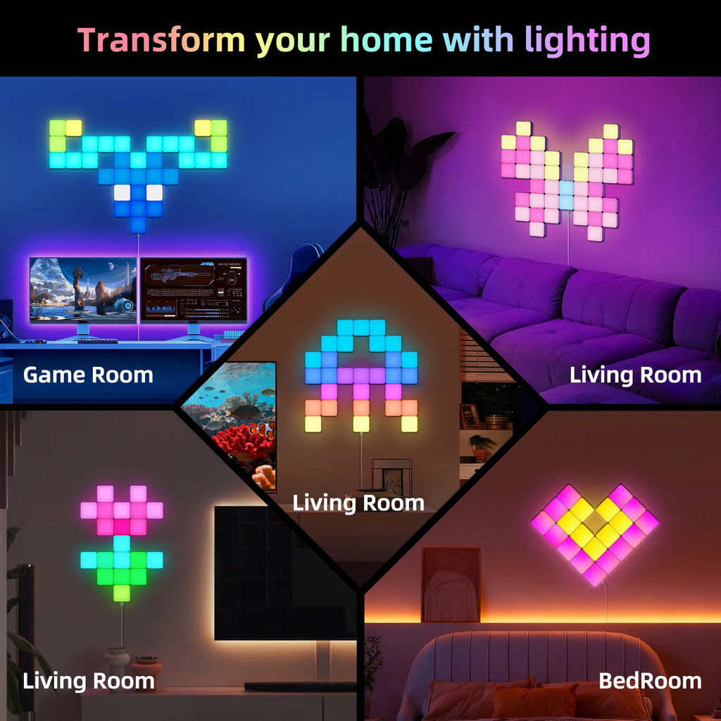 Smart Grid LED Wall Light Kit - RGB Color Changing with App & Music Control, DIY Creative Backlit Panels for Gaming Room & Bedro