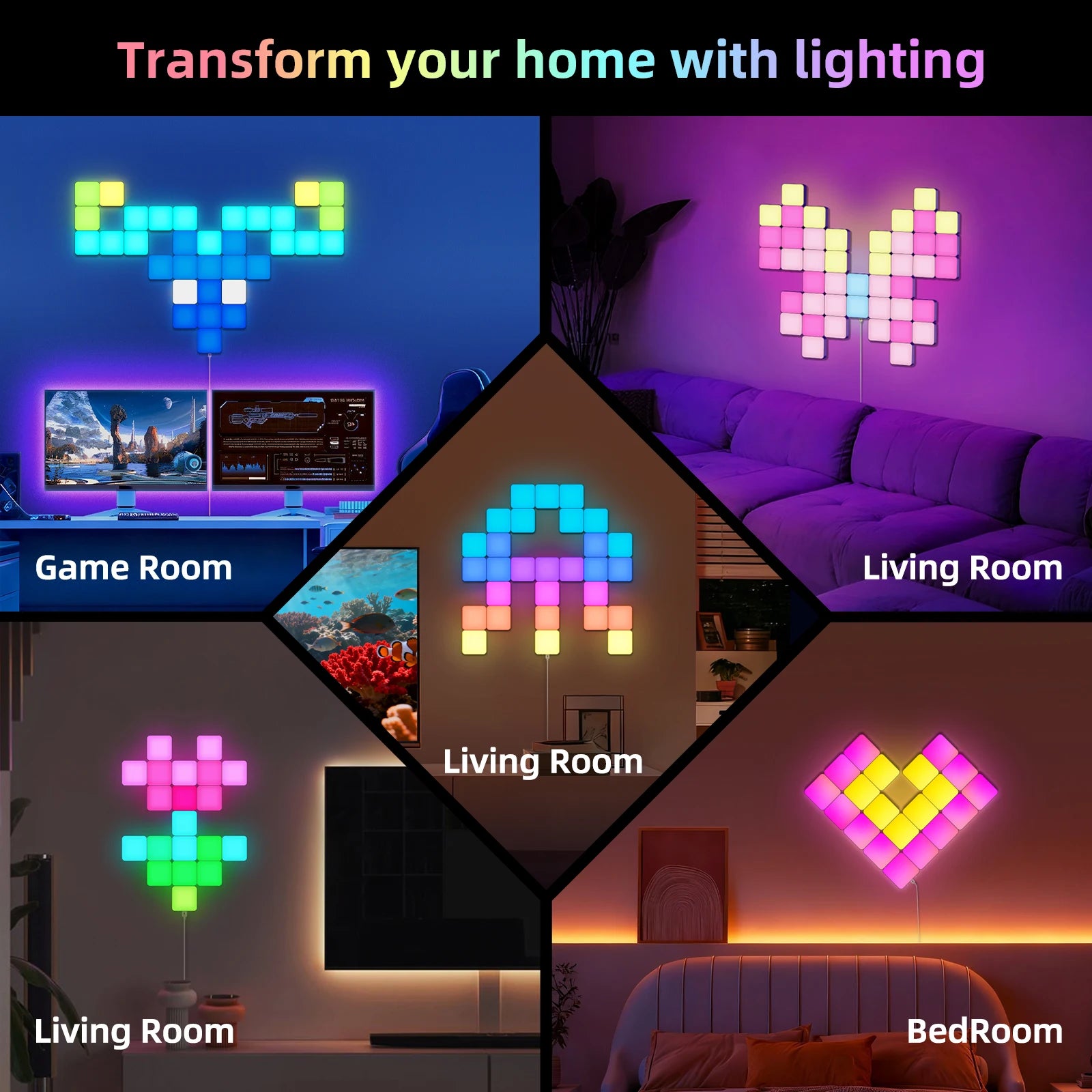 Smart Grid LED Wall Light Kit - RGB Color Changing with App & Music Control, DIY Creative Backlit Panels for Gaming Room & Bedro