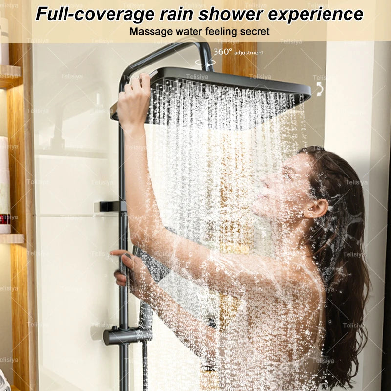Gun Grey Bathroom Shower Set Digital Display FourFunction Shower System Rainfall Pressurized Piano Key Shower Faucet Set