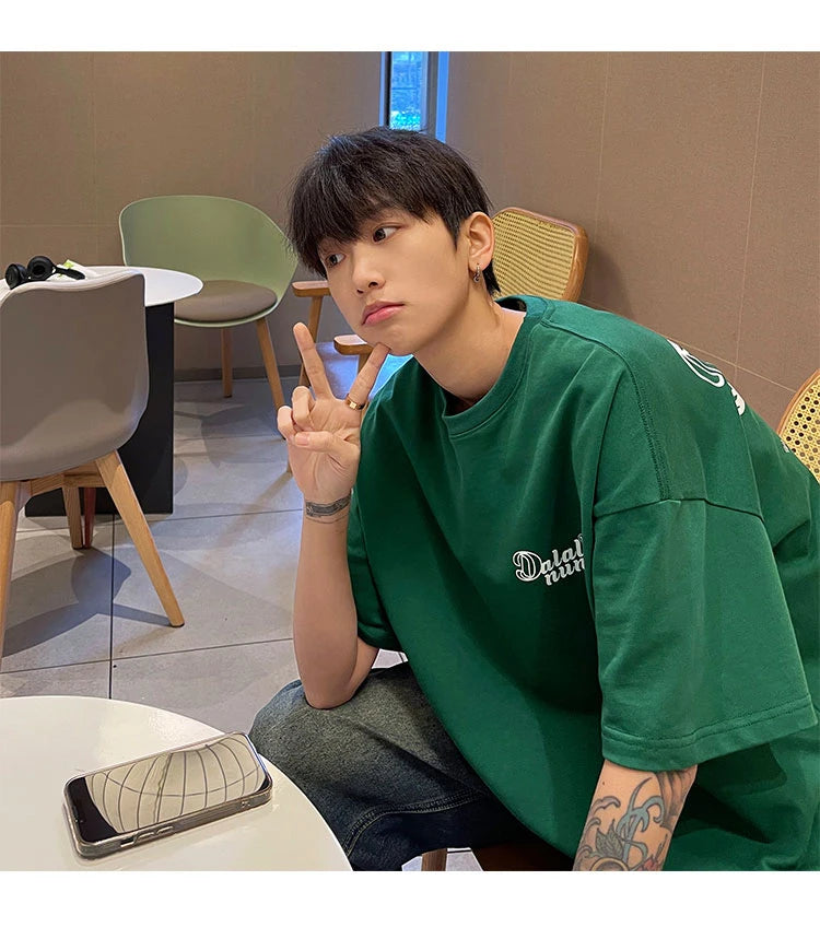 Forest Green Heavyweight Cotton American Style Men's T-shirt Short Sleeve Vibe High Street Seven Sleeve Summer T-shirt