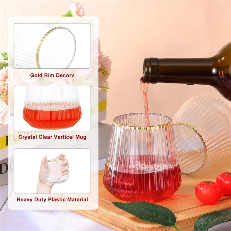 24 Pack Plastic Ribbed Wine Glasses 14Oz Origami Disposable Wine Glasses Unbreakable Clear Plastic Cocktail Glasses  Wine Cups