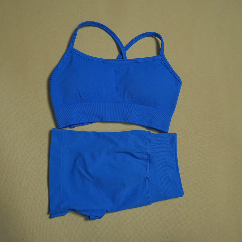 DFDK Women's Seamless 2 Piece Workout Set Lace Up Sports Bra High Waist Short Leggings Yoga Gym Fitness Activewear