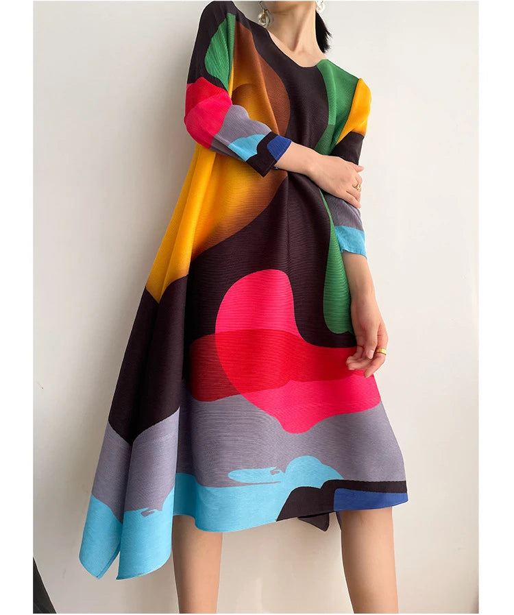 Miyake Pleated Print Dress 2024 New Early Spring Fashion Elegant A-line Swing Dress Elegant Women's Clothing High-quality