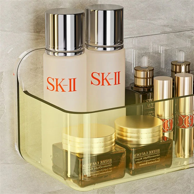 Large Transparent Bathroom Shelf, Adhesive Wall-Mounted Storage for Shower Gel/Bottles, Extra Deep PET Vanity Organizer